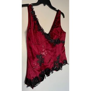 Adrianna Papell Red and Black Lace Trim Top